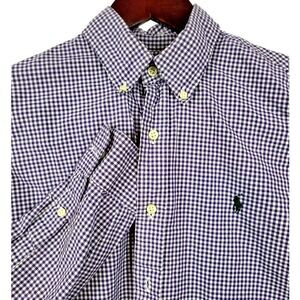 Mens Ralph Lauren Button Down Shirt‎ Purple White Gingham Checkered Long Sleeve